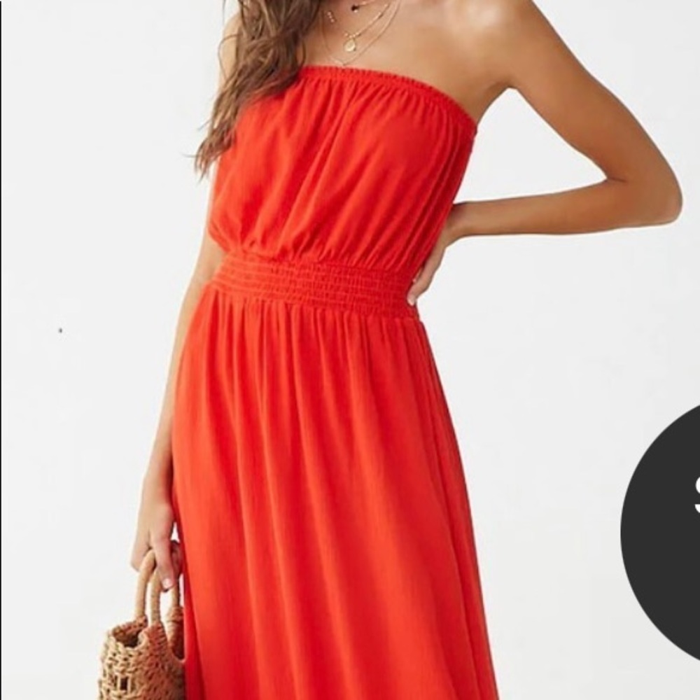 Red strapless maxi dress